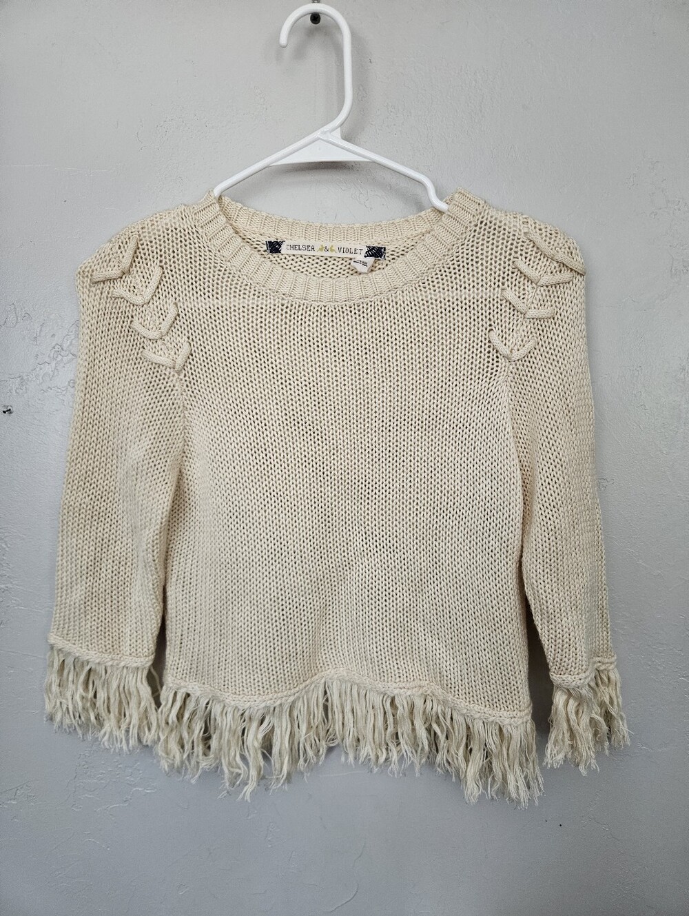 Chelsea & Violet Girls XS Cream Fringe Open Knit Sweater Fall Boho Western